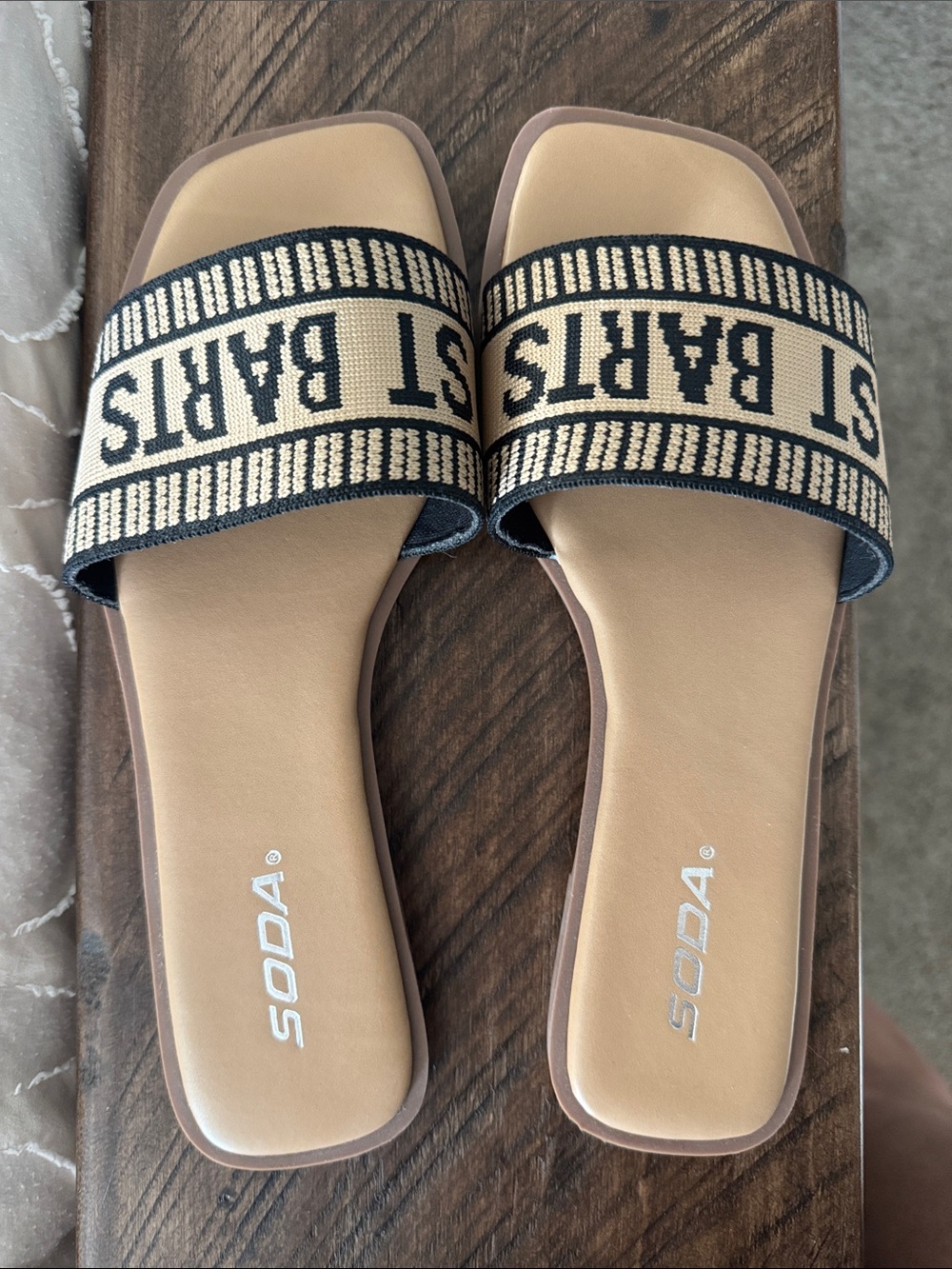 Soda Tan Slide Sandals with Black Branded Strap